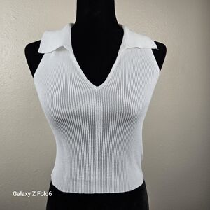 Major Label White Ribbed Knit Collared Sleeveless Crop Top Small Old Money Quiet